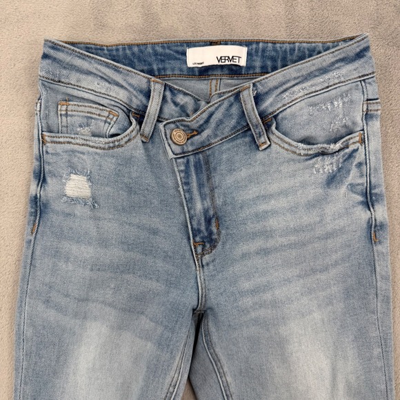 Vervet Los Angeles Crossover Waist Flare Jeans Light Wash Distressed Raw Hem 24 - Picture 5 of 13